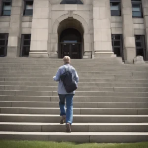 Parent entering Benton County courthouse prepared for contested-divorce hearing in Northwest Arkansas.